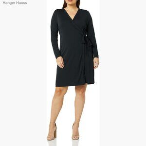 Long Sleeve V Neck Wrap Dress, Midi Length, Polyester Elastane Blend